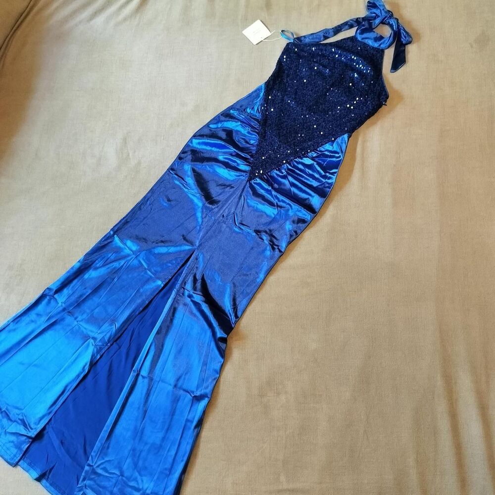 Blue sequin maxi halter dress small ruched slit prom